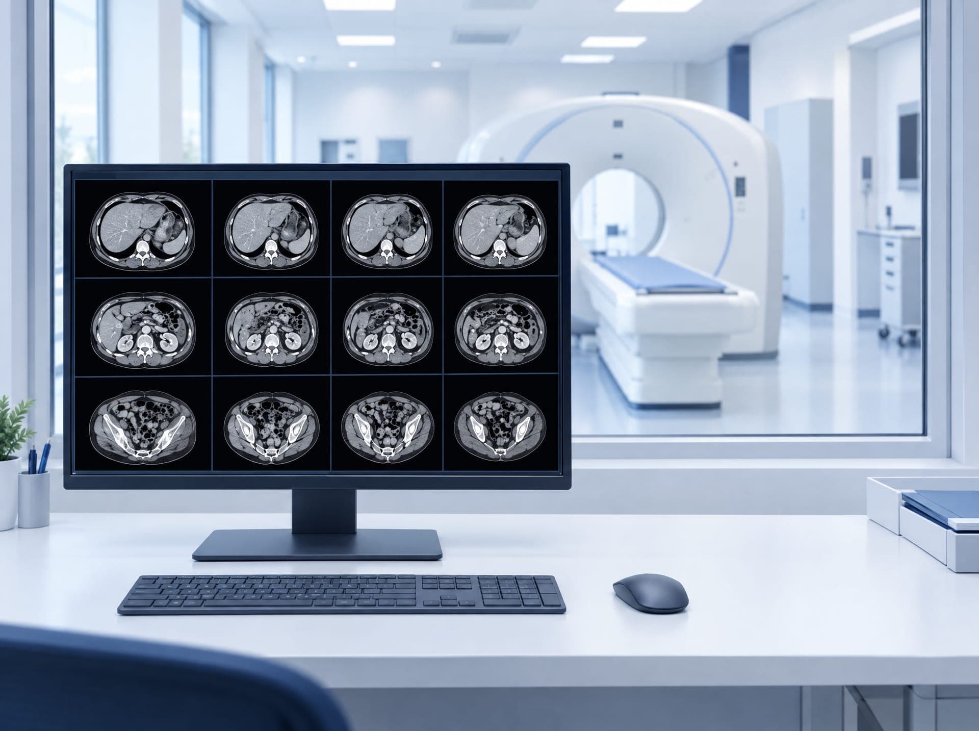 An imaging center control room: a monitor shows a grid of CT scan images, with the scanner visible through the glass behind it