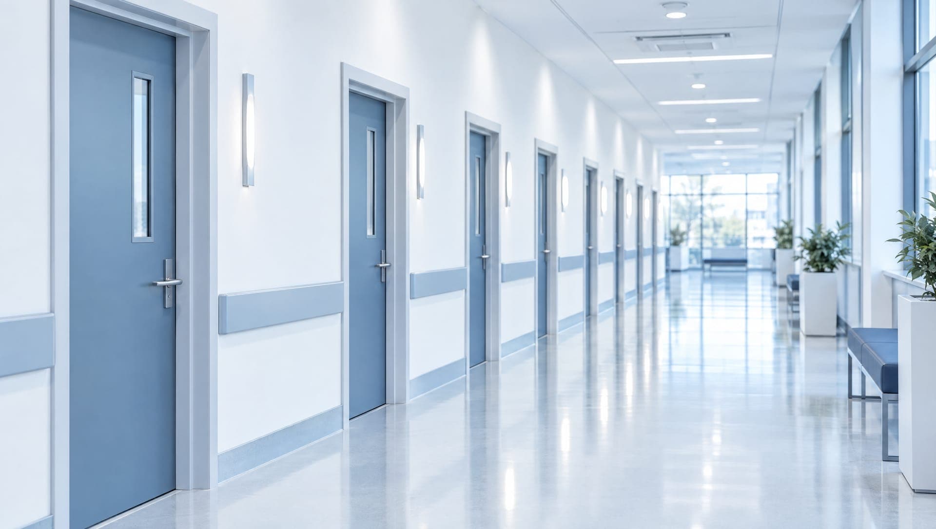 A bright modern corridor with a row of doors, representing multiple branches