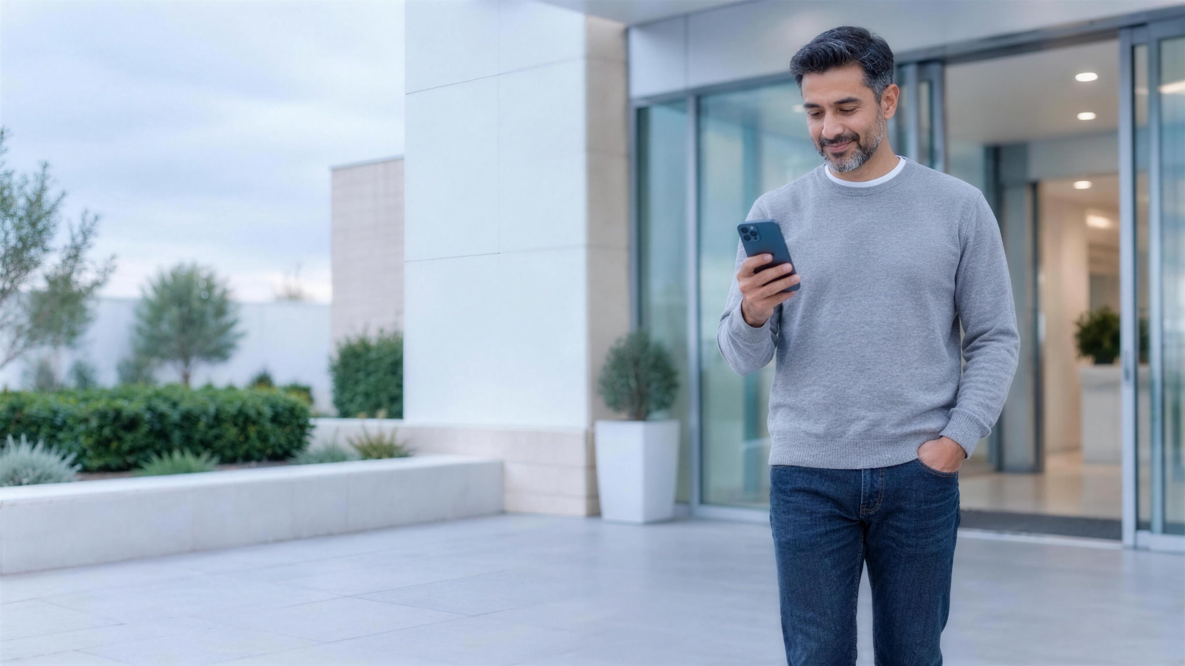 A man outside a modern imaging center looking at his phone as his results arrive